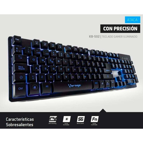 Teclado Gamer Multimedia Vorago KB-502, USB, 1.5m, Iluminación RGB, AntiGhosting, Color Negro, 12 Teclas multimedia, base metalica, Cable hilado