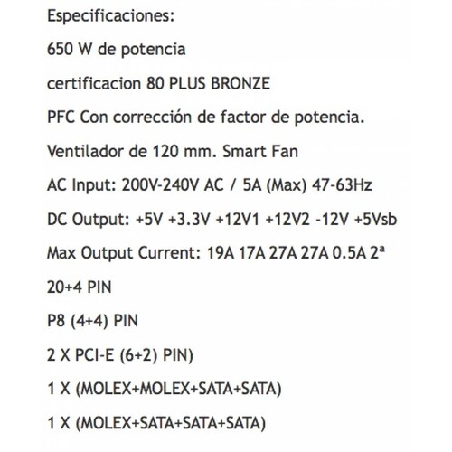 Fuente de Poder Xzeal XZ650, 650w, Certificado 80 Plus Bronce, PFC Activo, Smart Fan 120mm, Atx 20+4 Pin (xzps650b)