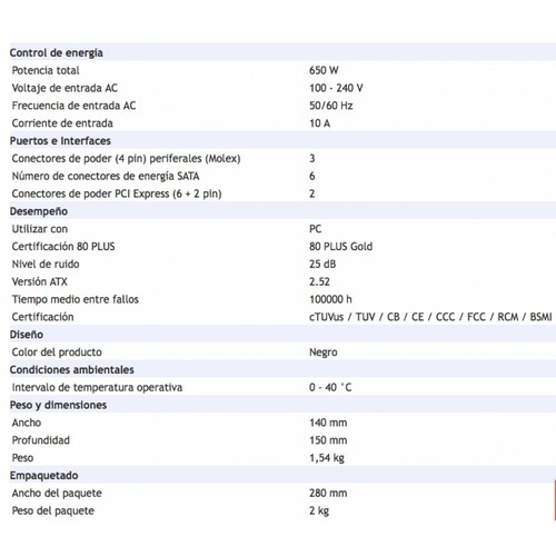Fuente de Poder In Win P65F, 650w, 80 PLUS Gold, 20+4 pin ATX, 120mm
