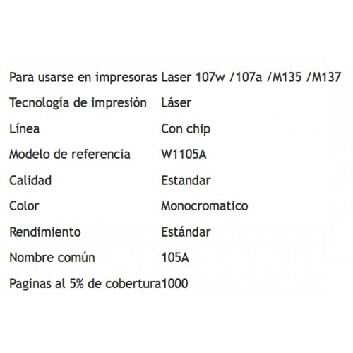 Toner Generico W1105A-AI, 105A para MFP 135a, 135W, 137, Incluye Chip (tigre caja verde)