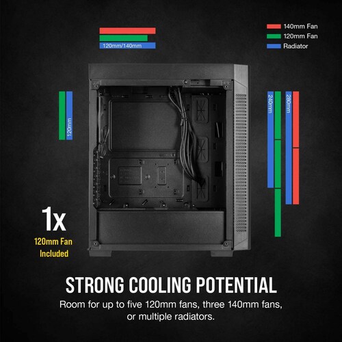Gabinete Corsair 110R Cristal Templado, Semi-Torre ATX, Ventilador de 120mm Incluido, Negro ranuras de expansion 7+2, bahias 2.5/3.5 sin fuente