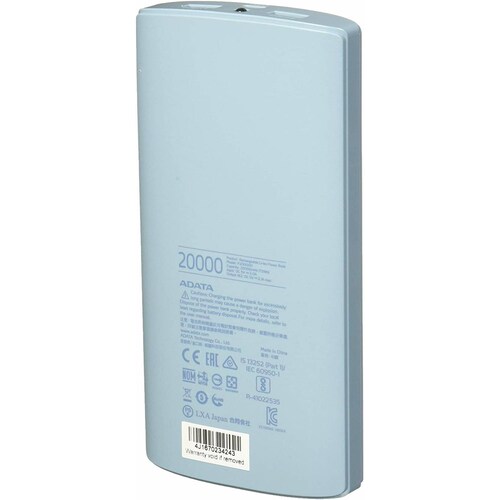 Cargador Portatil power bank ADATA P20000D, Capacidad 20000 mAh, Soporta 2 Dispositivos Simultaneamente, Linterna Integrada, Color Azul Caro AP20000D-DGT-5VCBL