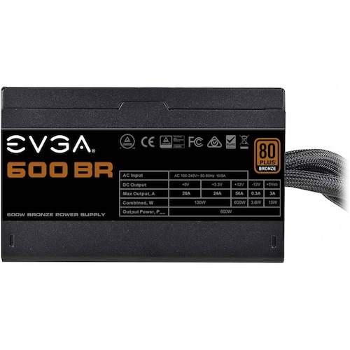 Fuente de Poder EVGA 600 BR, 600 Watt, 1 Cable ATX 20+4, 1 Cpu 4+4, 2 Pci-e 6+2, 6 Sata, 3 Molex (100-BR-0600-K1)