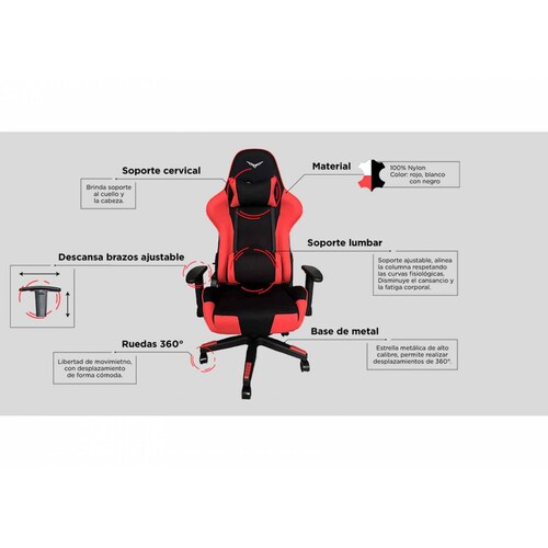 Naceb Silla Gamer Falcon, hasta 140Kg, Negro/Rojo