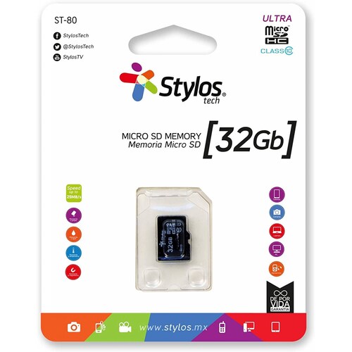 Memoria Micro SD 32GB Stylos STMSDS3B  32 GB, 13MBs, 5 MBs, Negro, Clase 10