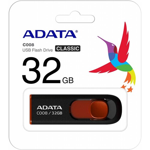 Memoria usb ADATA 32GB C008, Deslizable, Color NegroRojo AC00832gRkd