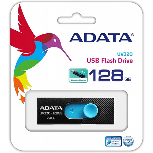 Memoria usb ADATA UV320 128 GB, 3.2 Gen 1 3.1 Gen 1, Factor de forma Deslizar, Color Negro, Azul AUV320128GRBKBL