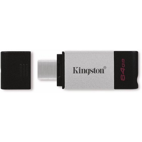 Memoria USB 3.2 A Tipo C Kingston Technology DataTraveler 80, 64 GB, 3.2 Gen 1 3.1 Gen 1, Factor de forma Tapa, Color Negro, Plata, DT8064GB