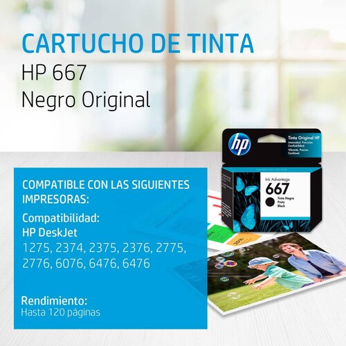 CARTUCHO DE TINTA HP MOD 667 NEGRO DESKJET 1275, 2375, 237, 2776, 6475, 6476, 3YM79AL
