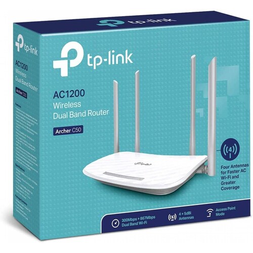 Router Inalambrico TP-LINK AC1200 Archer C50, 300mbps + 867mbps, 4 Antenas 5dbi, Doble Banda 2.4ghz/5ghz, 4 Puertos Ethernet, Wps