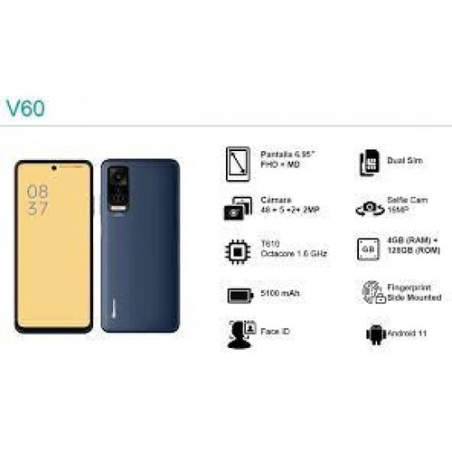 Telefono Celular Hisense V60 - 6.95 pulgadas FHD+MD, DUAL SIM, Android T610 Octacore 4G, 4GB+128GB, Camara 48+5+2+2MP Selfie 5MP, Fingerprint Face ID
