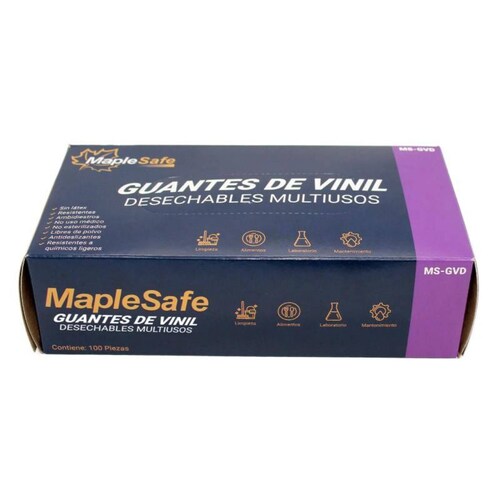GUANTES DE VINIL DESECHABLES GRANDES CAJA 100 PIEZAS MAPLESAFE 