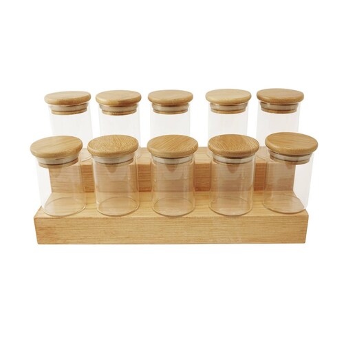 Set Kit Frascos Especieros de Vidrio Con Tapa de Bamboo y Base Escalonada.