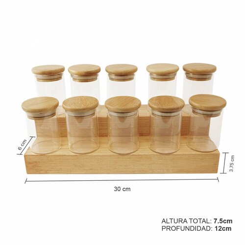 Set Kit Frascos Especieros de Vidrio Con Tapa de Bamboo y Base Escalonada.