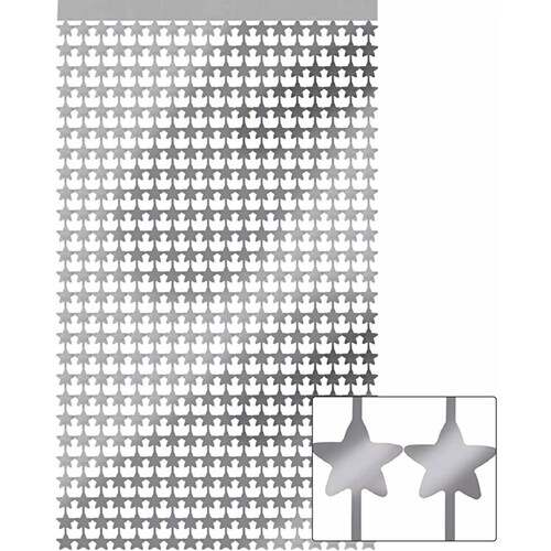Cortina de Estrellas Metalica Plateada para Fiestas, Decoracion 2x1m