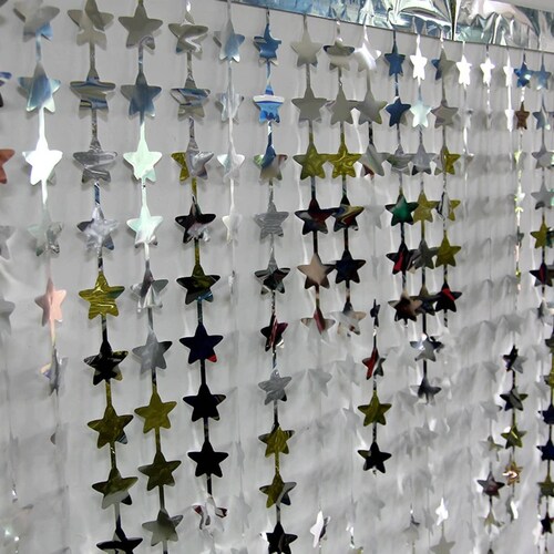 Cortina de Estrellas Metalica Plateada para Fiestas, Decoracion 2x1m