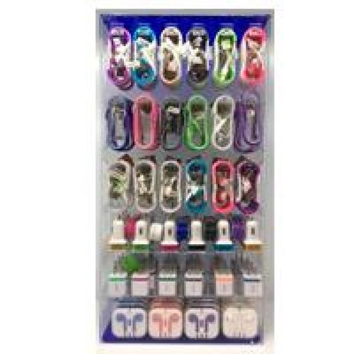 EXHIBIDOR DE 90 PIEZAS MARCA ICON  TECHZONE 15 CUBOS  15 BALAS  16 AUDIFONOS  44 CABLES IPHONE  MICRO  TIPO C  IC18EXH01