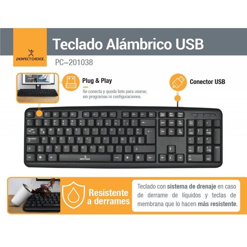 TECLADO ESTANDAR ALAMBRICO PERFECT CHOICE USB COLOR NEGRO PC 201038