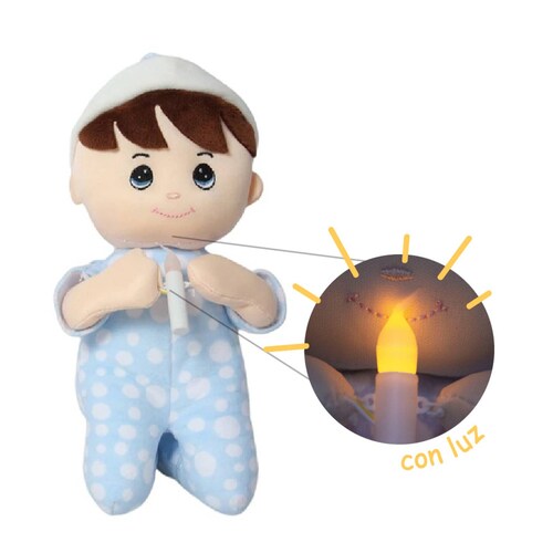 Muñeco Rezador De Tela Con Pijama Vela Luz Sonido Oracion Padre Nuestro 28 cm
