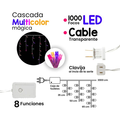 Serie Cascada Luz Multicolor 1000 Led 8 Funciones 20 Metros