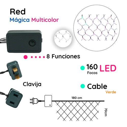 Red Luces Led Navideñas Luz Multicolor 160 Focos 180x0.70 Cm