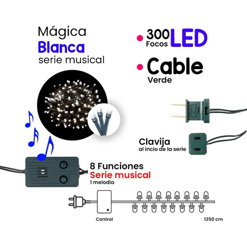 Serie de Luces Navideña 300 Led Musical Blanca 8 Funciones 13.5 Mts