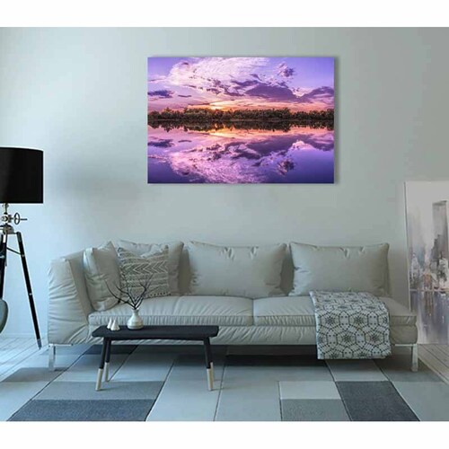 Cuadro Decorativo Canvas Paisaje de un lago al atardecer en colores lila 120 X 80 cm.
