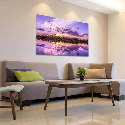 Cuadro Decorativo Canvas Paisaje de un lago al atardecer en colores lila 120 X 80 cm.