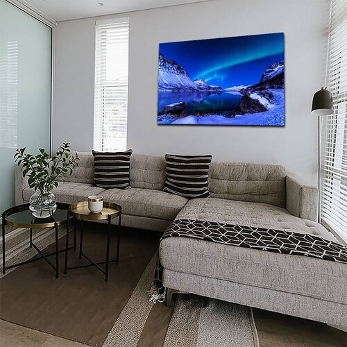 Cuadro Decorativo Canvas Paisaje de Montañas Nevadas y Aurora Boreal de 60 x 40 cm