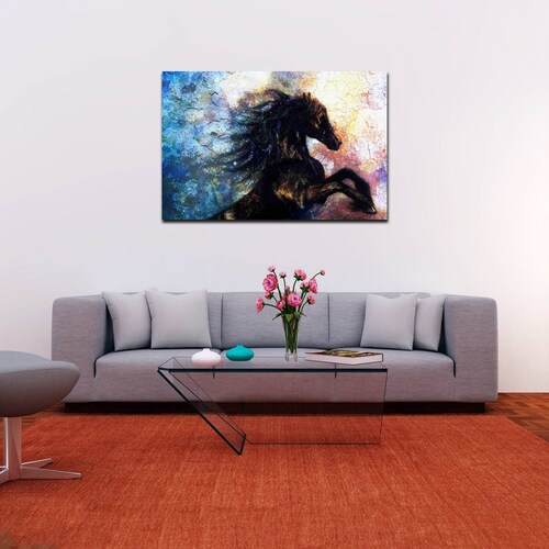 Cuadro Decorativo Canvas Paisaje de Caballo Negro Artistico de 120 X 80 cm.