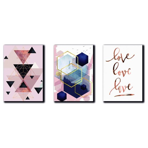 Cuadros Decorativos Set de 3 pzs figuras geométricas moderno Rosa 30 X 45 cm