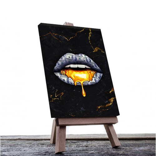 Cuadro Decorativo Minimalista Labios Dorados y Negros de 80 X 120 cm.