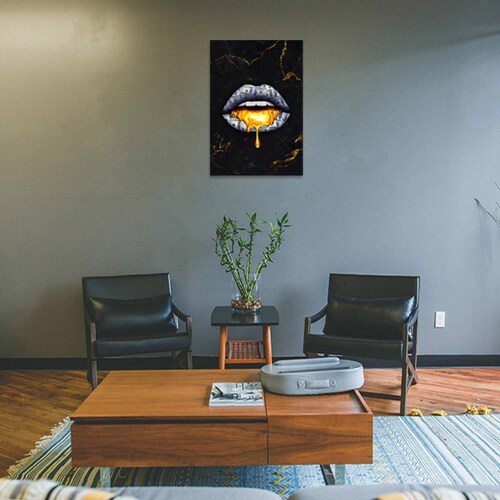 Cuadro Decorativo Minimalista Labios Dorados y Negros de 80 X 120 cm.