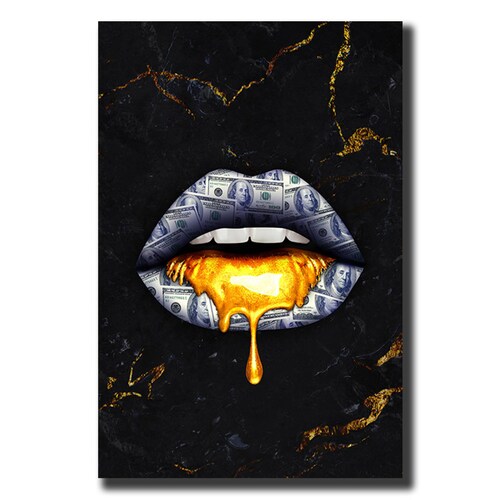 Cuadro Decorativo Minimalista Labios Dorados y Negros de 80 X 120 cm.
