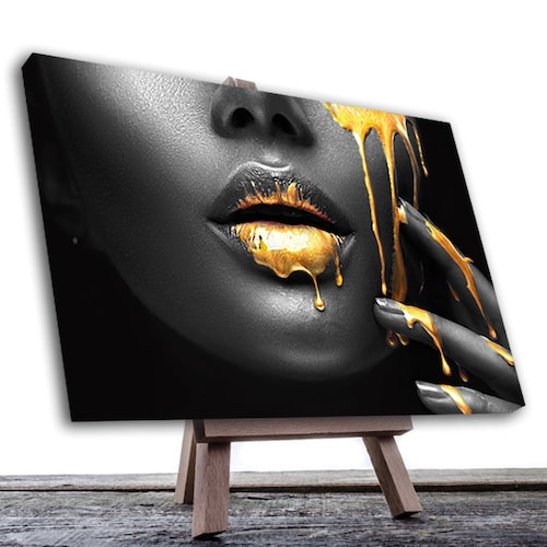 Cuadro Decorativo Labios Dorados En Negrol Moderno 90 X 60.