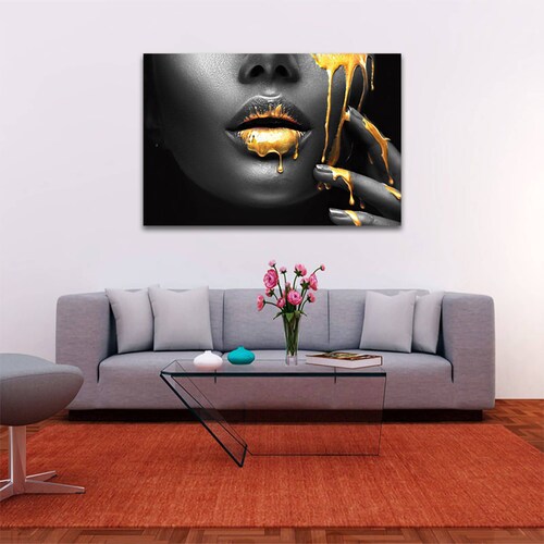 Cuadro Decorativo Labios Dorados En Negrol Moderno 90 X 60.