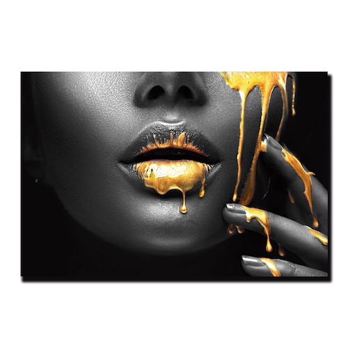 Cuadro Decorativo Labios Dorados En Negrol Moderno 90 X 60.