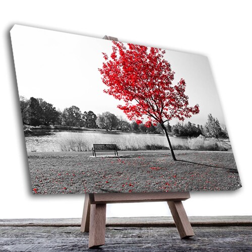 Cuadro Decorativo Árbol Blanco Y Negro Con Vivos Rojos #8 120 X 80.