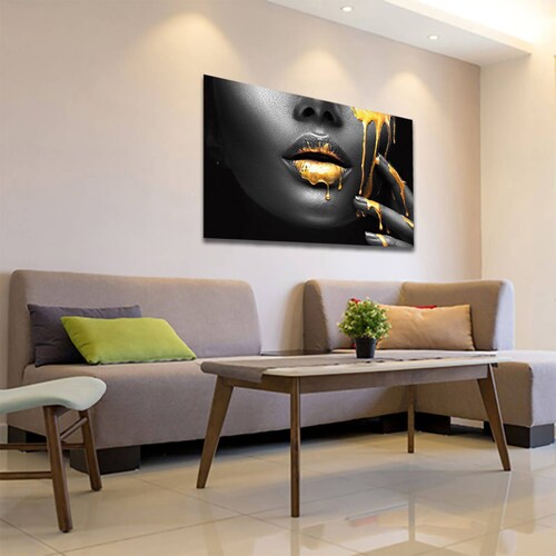 Cuadro Decorativo Labios Dorados En Negrol Moderno 120 X 80