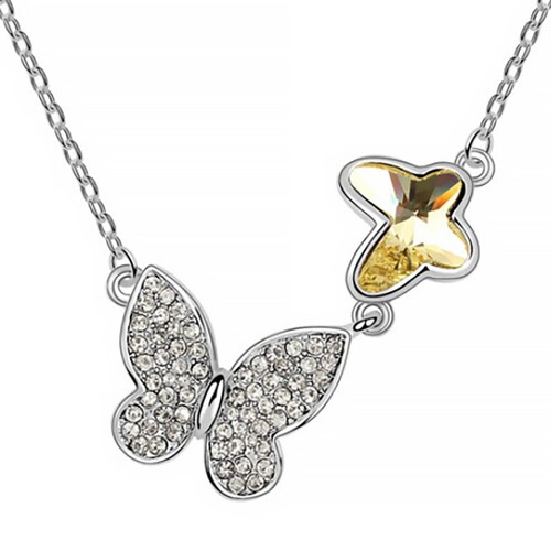 Collar Ocean Heart Mariposas cristal amarillo en baño de oro blanco 18k