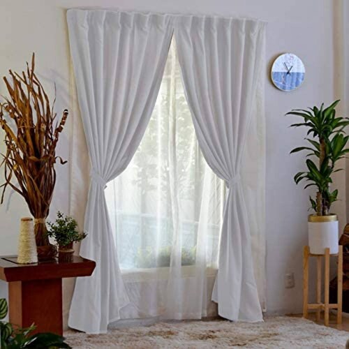 Bela Juego de 2 Cortinas Gala Doble Tela + 2 Velos para un cortinero (Blanco)