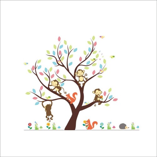 Vinil Infantil Arbol De Dibujos Animados Mono Ardilla