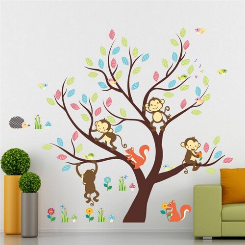 Vinil Infantil Arbol De Dibujos Animados Mono Ardilla