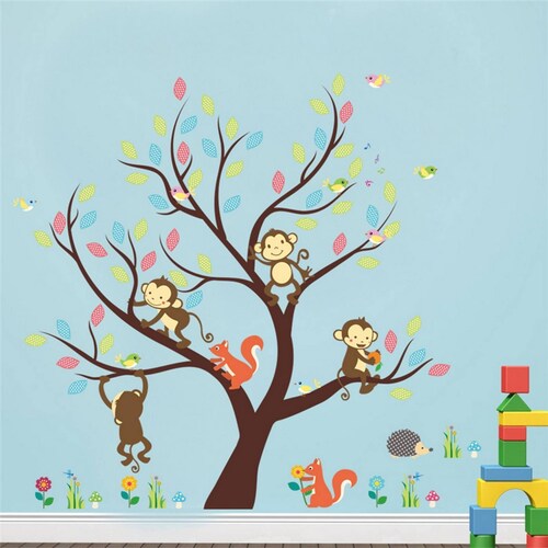 Vinil Infantil Arbol De Dibujos Animados Mono Ardilla
