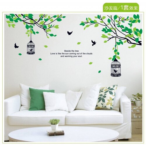 Vinil Decorativo Arbol con Ramas y Pajaros en Jaulas Estancia Sala