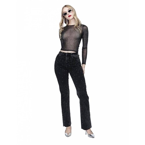 Pantalón jeans campana stretch Agorss negro con piedras para mujer