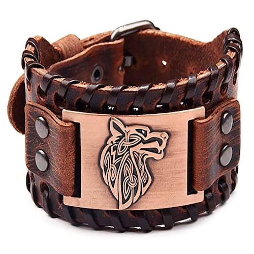 MADIOLA Pulsera de Piel Vikinga. Brazalete ajustable de Piel Diseño Lobo Vikingo Fenrir para Hombre Mujer. Cafe
