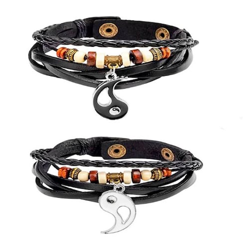 MADIOLA 2PCS Pulsera de Cuero Trenzado Brazaletes Enamorados Novios Parejas con Colgantes de Yin Yang Tai Chi
