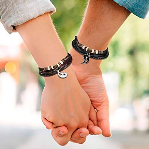 MADIOLA 2PCS Pulsera de Cuero Trenzado Brazaletes Enamorados Novios Parejas con Colgantes de Yin Yang Tai Chi