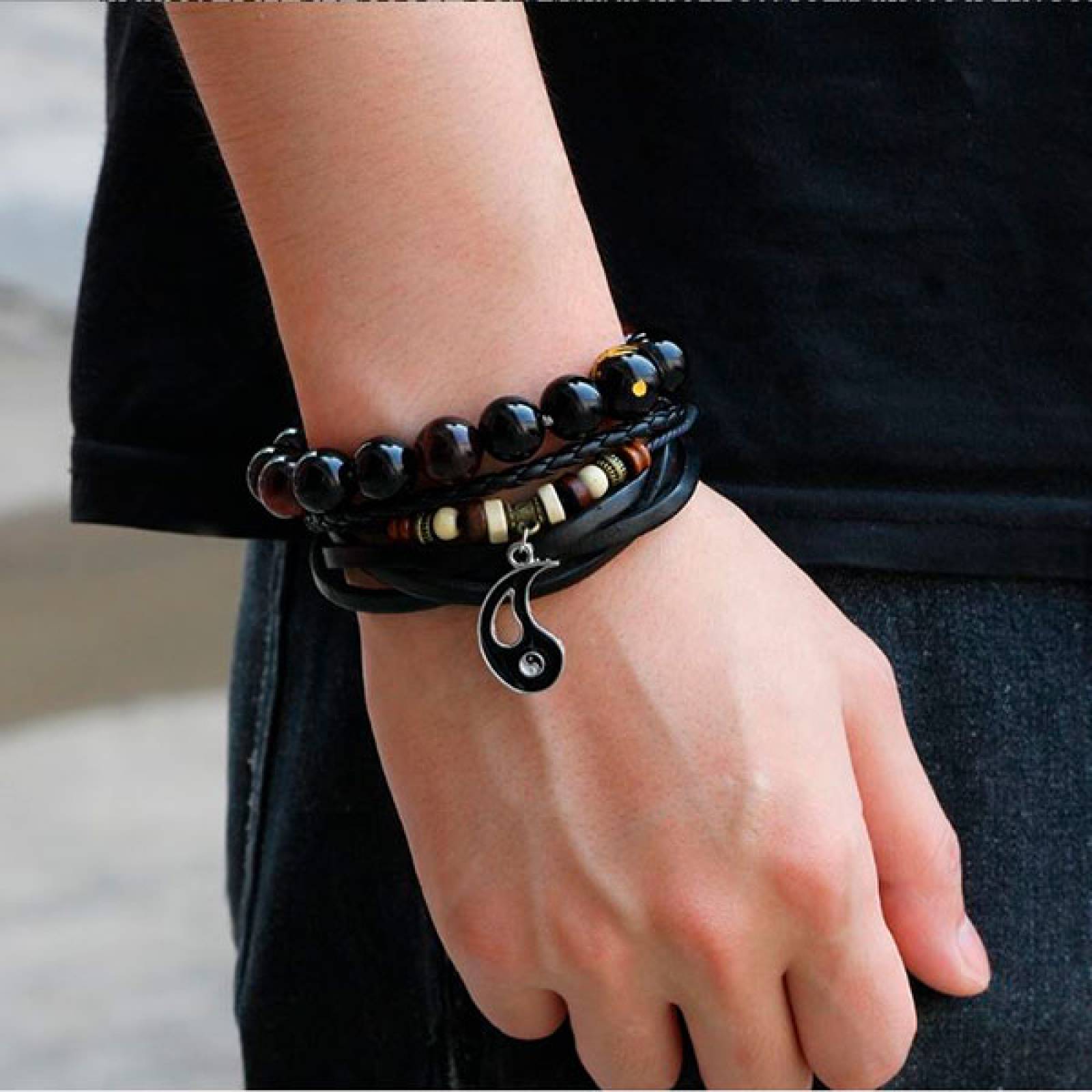 Pulsera Para Hombre De Triple Hilera En Piel Marrón Y Piedra Natural Ojo De Tigre